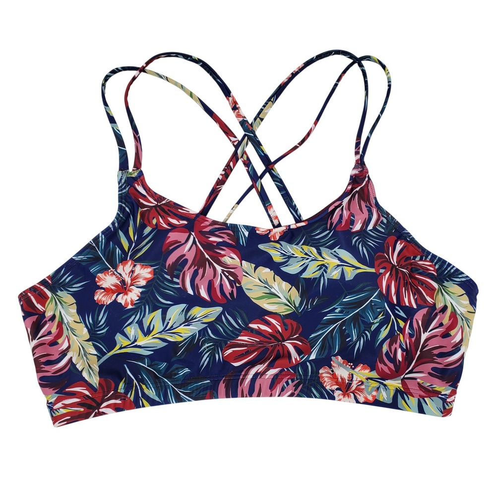 Holipick Tropical Floral Crisscross Back Bikini Top Large Navy Blue Strappy New